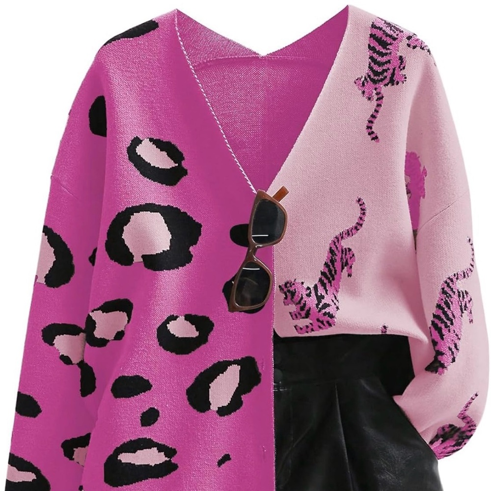 Pink Leopard and Tiger Print Cardigan